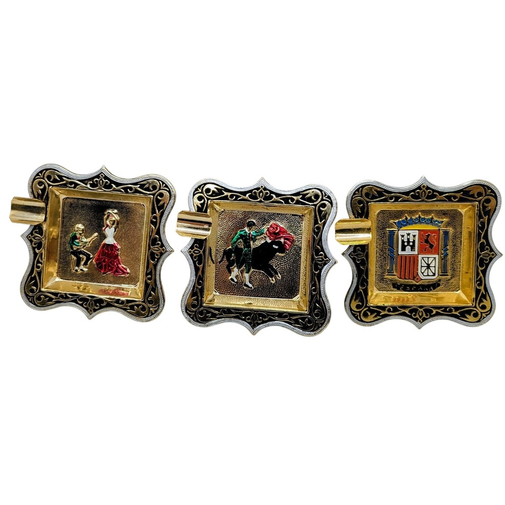 Vintage Damascene Toledo Ashtray Gold Toned Square Spain Design Set Of 3